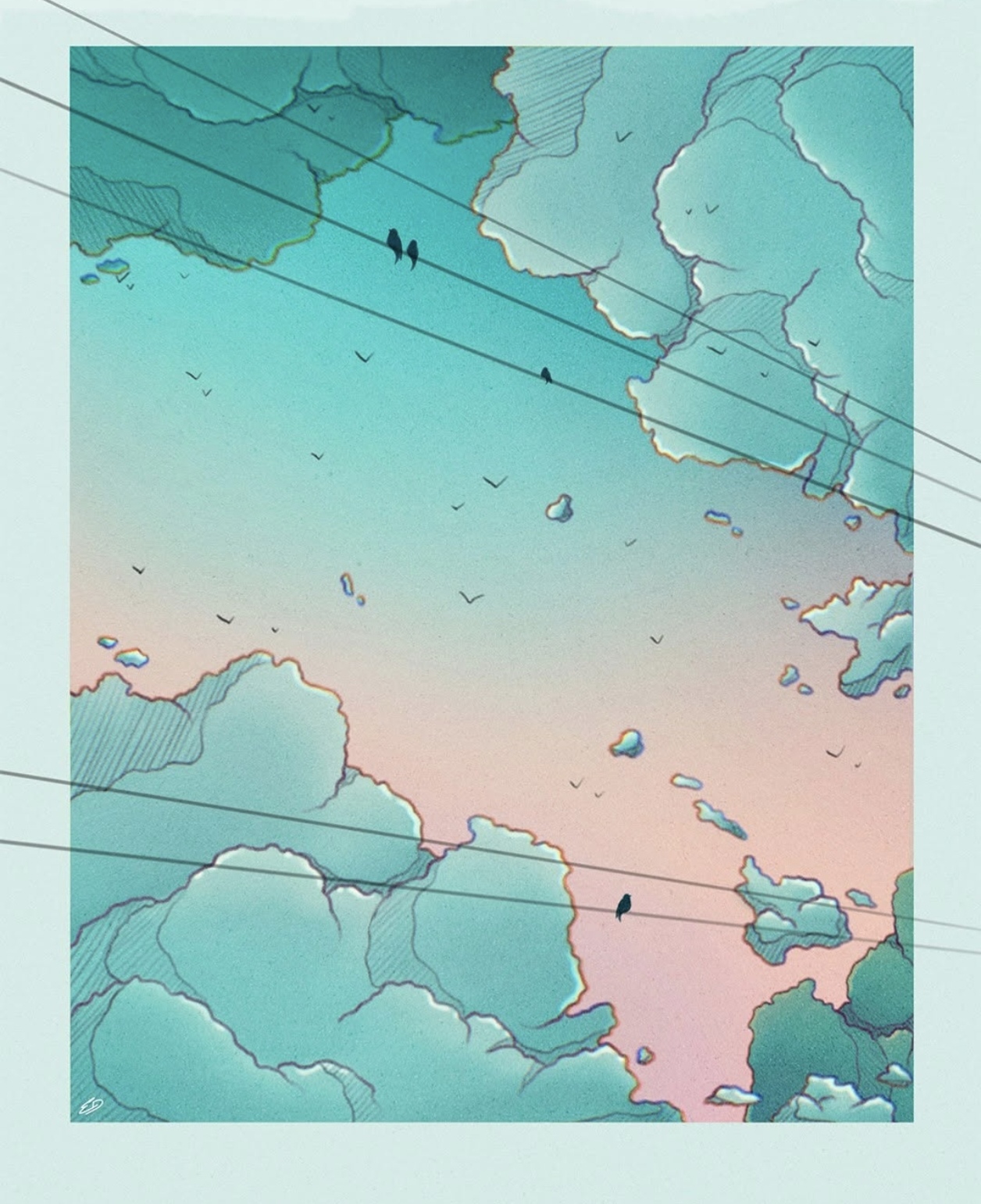 Ciel nuageux avec oiseaux sur les fils